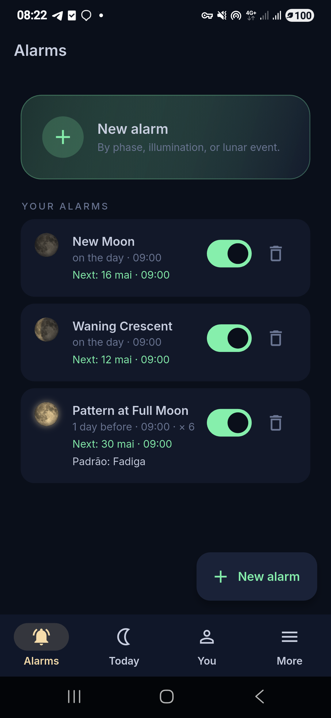 Lunar Cycles app — alarms screen