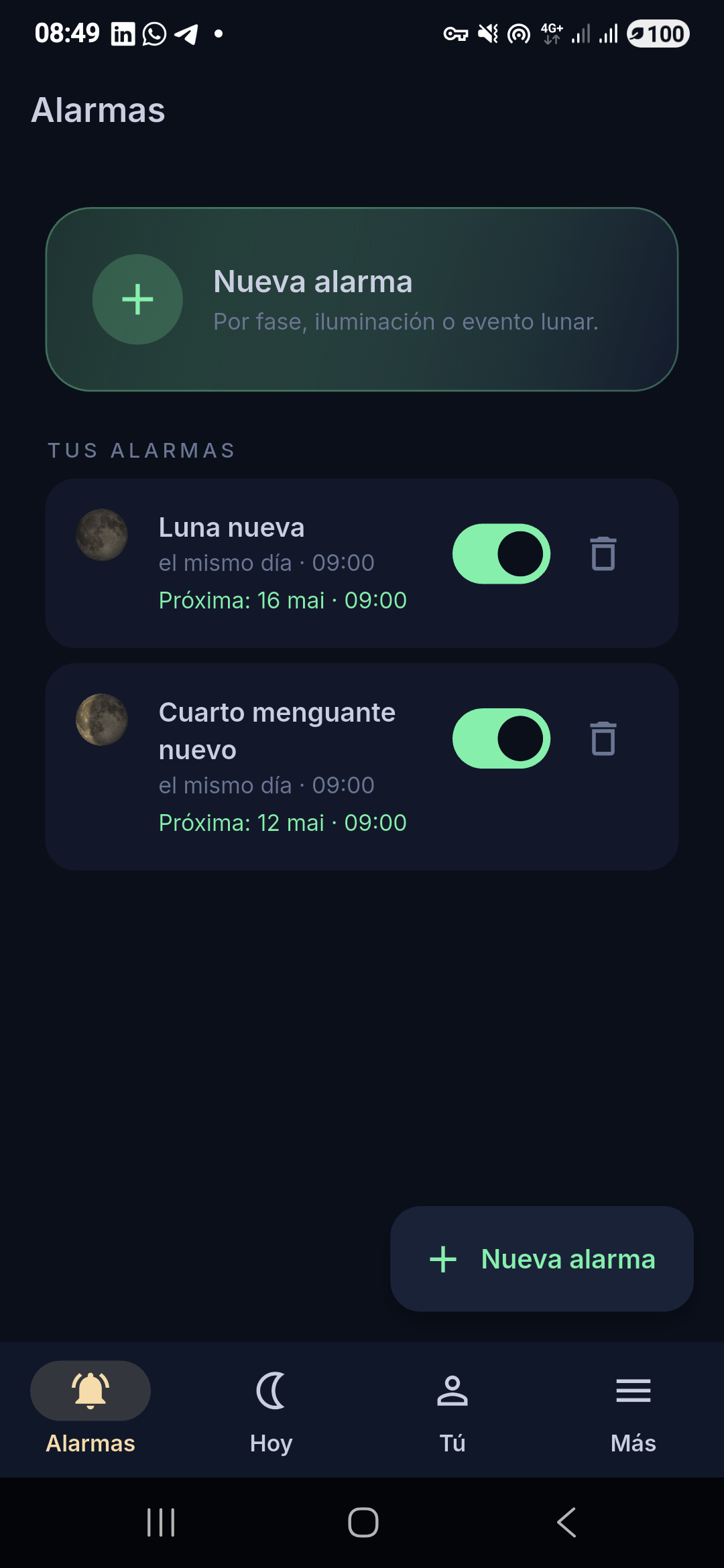 Lunar Cycles app — alarms screen