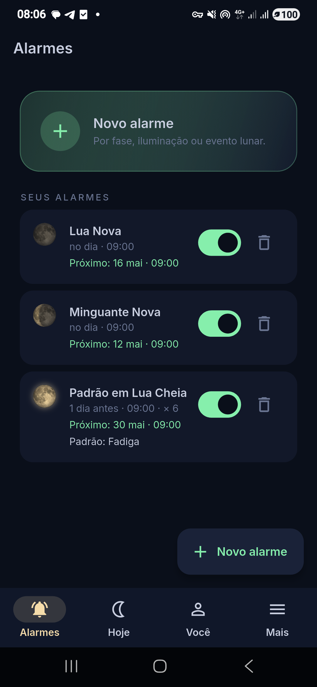 Lunar Cycles app — alarms screen